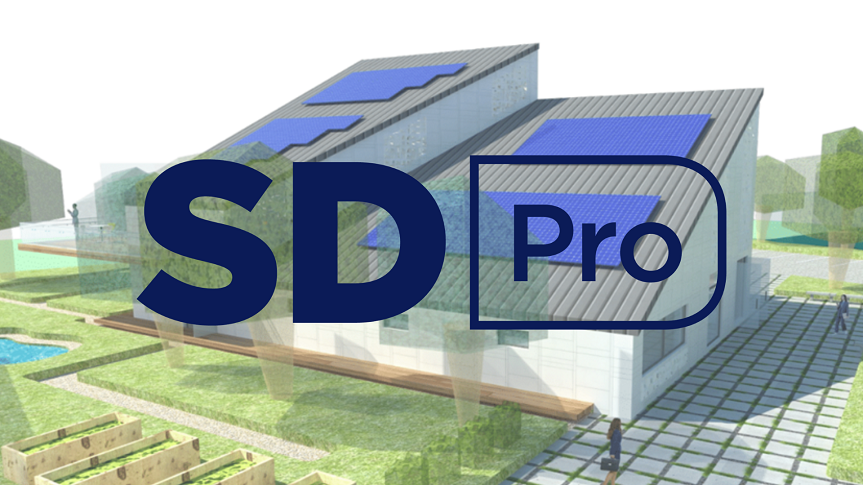 The SD Pro logo over a rendoring of a home.